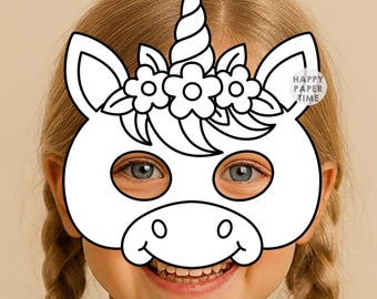 Eenhoornmasker, knutselactiviteit met papier, kleurplaat, feestartikel, kostuum, sprookje, printbaar sjabloon voor kinderen (PDF) - Direct te downloaden