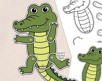 Krokodillenpop van papier, knutselactiviteit met beweegbare splitpen, Australische dierentuin, kleurplaat van een alligator, printbaar, doe-het-zelf, direct te downloaden.