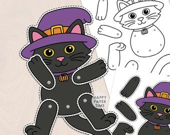 Schwarze Katze – Papierpuppe zum Basteln, bewegliche Gelenke mit Stecknadeln, Halloween-Malvorlage zum Ausdrucken, Sofort-Download