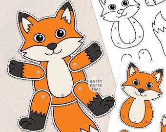 Fantoche de raposa de papel para artesanato, brinquedo articulado com pino dividido, animal da floresta, desenho para colorir, imprimível, faça você mesmo, download instantâneo.