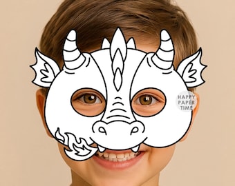 Máscara de dragón, manualidad de papel, ideal para fiestas, con temática medieval. Plantilla imprimible para niños. Descarga instantánea en PDF.