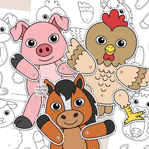 Puede incluir: Un conjunto de animales de granja de papel que incluye un cerdo rosa, un caballo marrón y una gallina beige con cresta roja. Las figuras tienen extremidades articuladas con cierres metálicos. El texto Happy Paper Time aparece en el cerdo.