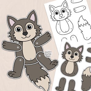 Può includere: Un kit di bricolage in carta con un lupo dei cartoni animati dal pelo grigio e beige. Il set include un lupo assemblato con arti mobili fissati da fermagli, insieme a due fogli stampati che mostrano le parti del lupo a colori e in bianco.
