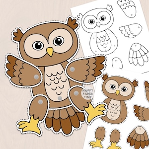 Peut inclure: Un hibou en papier marron avec des ailes et des pattes mobiles fixées par des attaches parisiennes argentées. Le hibou a de grands yeux, un bec jaune et des pattes jaunes. Des feuilles imprimées avec des contours et des pièces sont incluses.
