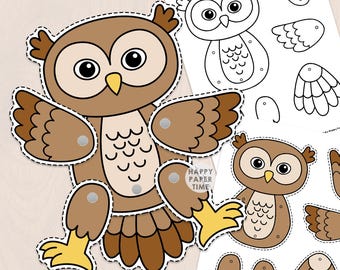 Fantoche de coruja de papel para artesanato, brinquedo articulado com pino dividido, animal da floresta, desenho para colorir, imprimível, faça você mesmo, download instantâneo.