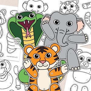 Könnte beinhalten: Eine Sammlung von Papierbastelfiguren mit einem farbigen Tiger, Elefanten und einer Kobra sowie schwarz-weißen Umrissen eines Affen, Pandas und Roten Pandas. Jede Figur zeigt gepunktete Schnittlinien und kreisförmige Befestigungspunkte.