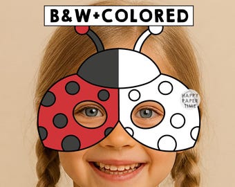 Máscara de papel de mariquita, disfraz de insecto, animal, para colorear, manualidades, recuerdo de fiesta, máscara de animal imprimible - Descarga instantánea en PDF
