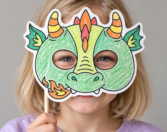 Drachenmaske aus Papier basteln – Partygeschenk – Monstermaske – Mittelalter-Malvorlage – Kindermaske zum Ausdrucken – Sofort-Download (PDF)