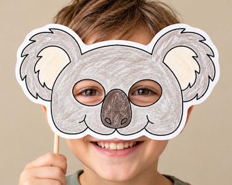 Koala-Papiermaske, Kostüm, Australien, Zoo, Malvorlage, Bastelidee, Gastgeschenk, Tiermaske zum Ausdrucken – Sofort-Download