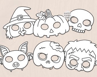 Halloween paper masks Spooky Day costume kids coloring craft activity party favor printable mask template - Instant Download PDF