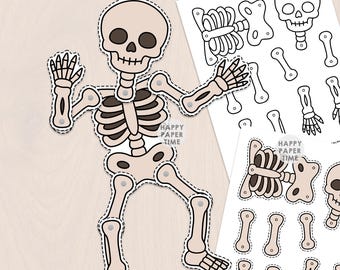 Marioneta de esqueleto de papel, juguete para manualidades, articulada, con pasador partido, página para colorear de Halloween, imprimible, bricolaje, descarga instantánea
