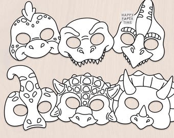 Máscaras de papel de dinosaurios, disfraz de animal prehistórico jurásico, actividad para colorear para niños, recuerdo de fiesta, máscara imprimible - Descarga instantánea en PDF