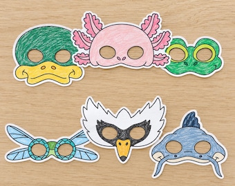 Printable Pond Animal Masks Set PDF, 6 Easy Kids Coloring Crafts, Duck Frog Axolotl Swan Dragonfly Catfish, Pretend Play, Instant Download