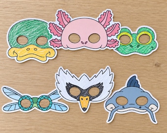 Set mit ausdruckbaren Teichtiermasken (PDF), 6 Ausmal- und vorkolorierte Papierbastelvorlagen: Ente, Frosch, Axolotl, Schwan, Libelle, Wels, Sofort-Download