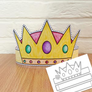 May include: A yellow paper crown with five points, decorated with a central purple oval, two green ovals, and a row of small colorful circles along the base. A separate black and white printable template with the text Happy Paper Time is included.