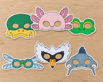 Printable Pond Animal Masks Set PDF, 6 Pre-Colored DIY Paper Crafts, Duck Frog Axolotl Swan Dragonfly Catfish, Costume, Instant Download