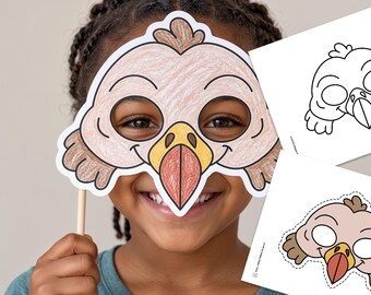 Geiermaske zum Ausdrucken (PDF), Malvorlage und Bastelvorlage, Kostüm eines afrikanischen Vogels, für Rollenspiele im Klassenzimmer, für Kinder und Erwachsene, Sofort-Download