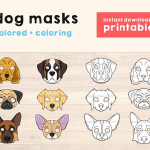 Dog masks printable Chihuahua German Shepherd Golden Retriever Saint Bernard Pug Cocker Spaniel Animal coloring dog costume diy craft kids