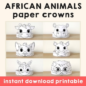 Corone di carta per animali del safari africano, giraffa, ippopotamo, iena, leone, zebra, stampabili, lavoretti per bambini, bomboniere per feste di compleanno, costumi fai da te, stampabili da scaricare
