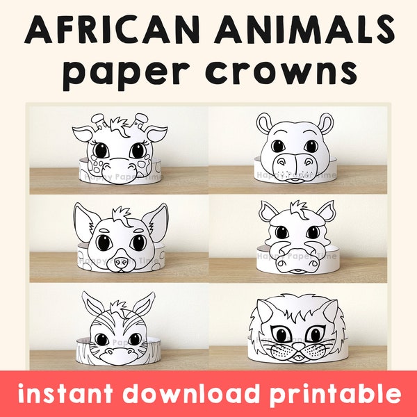 African safari animals Paper Crowns Giraffe Hippo Hyena Lion Zebra Printable Kids Craft Birthday Party Favor Costume DIY Printable Download