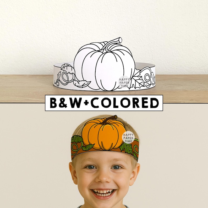 Pumpkin Paper Crown Headband Hat Craft Autumn Fall Thanksgiving Party Coloring Printable Kids Costume Favor Costume DIY - Instant Download image 1
