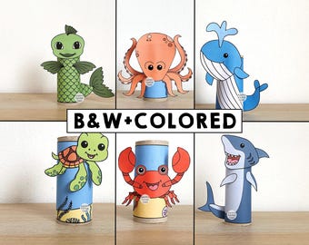 Ocean Animals Toilet Paper Roll Craft Wild Party Coloring Printable Decoration Kids Play Cut out Glue DIY - Instant Download