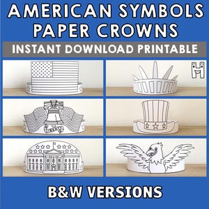 Simboli americani Corone di carta Bandiera 4 luglio Patriottico Stampabile Fai da te Festa Bambini Fascia Cappello di carta Artigianato Colorare Scarica Costume