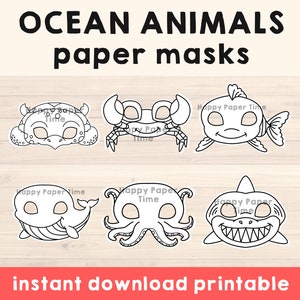 Ocean Animal Masks Template Crab Sea Turtle Whale Shark Octopus Fish Crafting Kid Party Favor Printable, Party Printable, Instant Download
