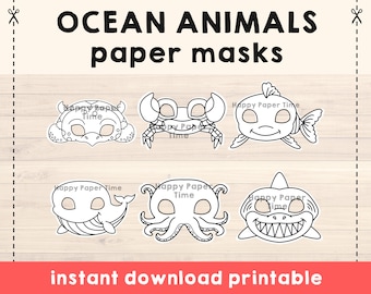 Ocean Animal Masks Template Crab Sea Turtle Whale Shark Octopus Fish Crafting Kid Party Favor Printable, Party Printable, Instant Download