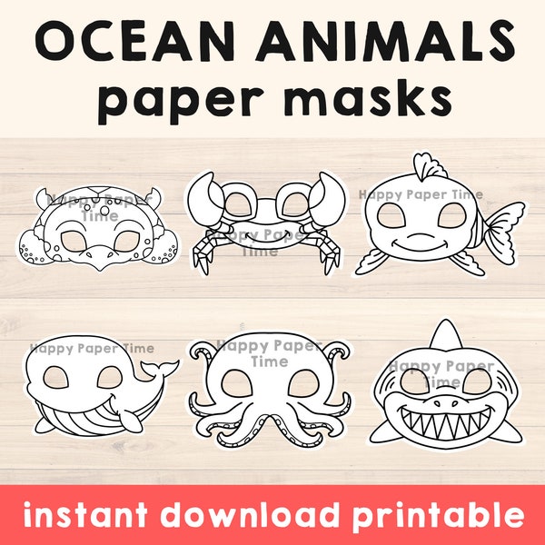 Océan animaux masques modèle crabe tortue de mer baleine requin pieuvre poisson artisanat enfant cotillons imprimable, fête imprimable, téléchargement immédiat