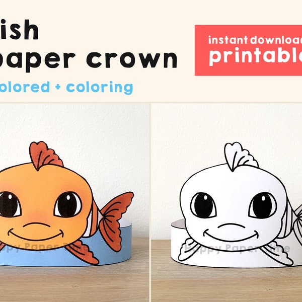 Fish Paper Crown Party Coloring Printable party hat Kids Craft Ocean animal Birthday template Favor pdf Costume DIY, Instant Download