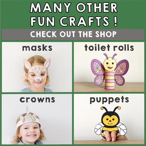 Peut inclure: Un collage de quatre images montrant diff&eacute;rentes id&eacute;es d'artisanat utilisant des masques, des rouleaux de papier toilette, des couronnes et des marionnettes. Le texte "MANY OTHER FUN CRAFTS! CHECK OUT THE SHOP" est en haut de l'image.