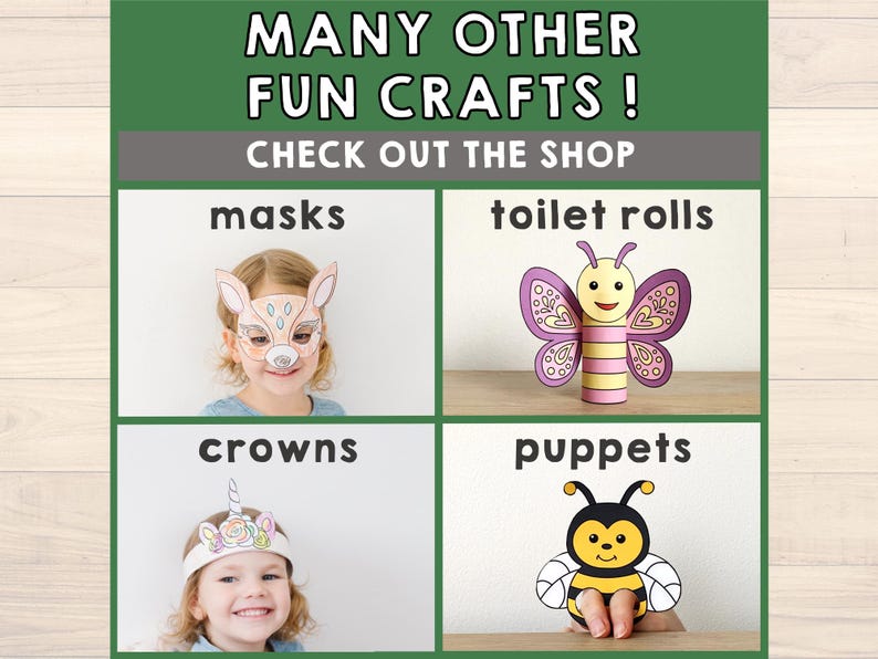 Peut inclure: Un collage de quatre images montrant diff&eacute;rentes id&eacute;es d'artisanat utilisant des masques, des rouleaux de papier toilette, des couronnes et des marionnettes. Le texte "MANY OTHER FUN CRAFTS! CHECK OUT THE SHOP" est en haut de l'image.