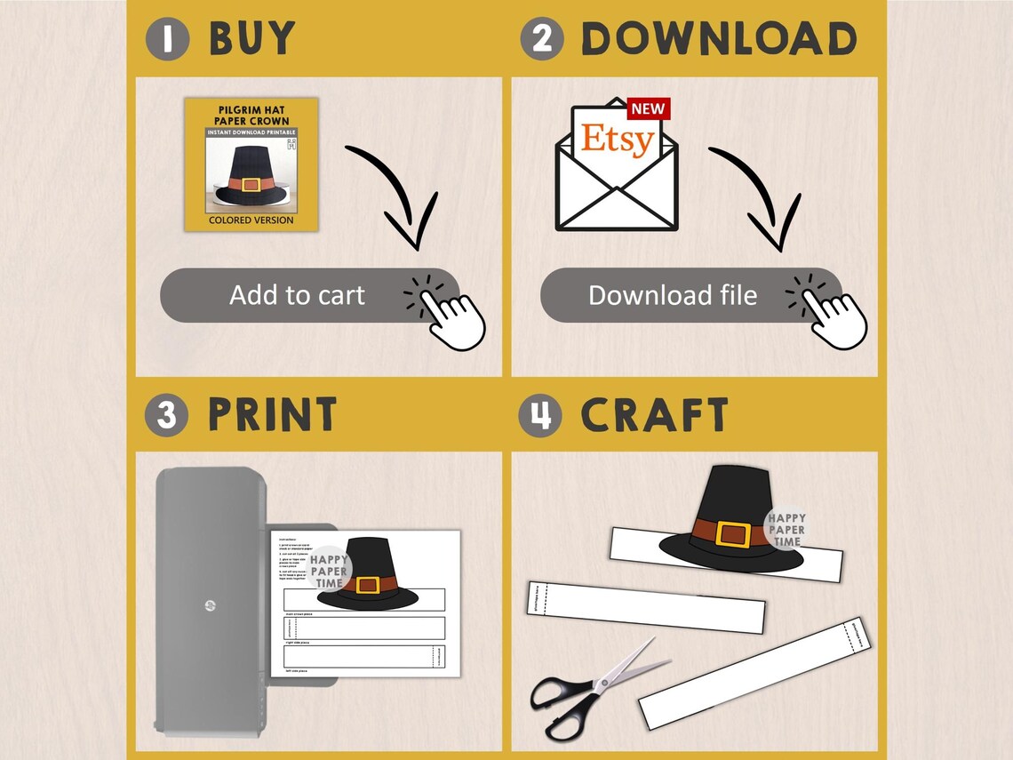 Pilgrim Hat Paper Headband Crown Thanksgiving Settler Party Printable ...