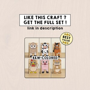 May include: A set of six paper bag animal crafts featuring a sheep, cow, horse, chicken, pig, and rabbit. The text reads LIKE THIS CRAFT ? GET THE FULL SET ! link in description, B&W+COLORED, and a circular badge stating BEST VALUE with three stars.