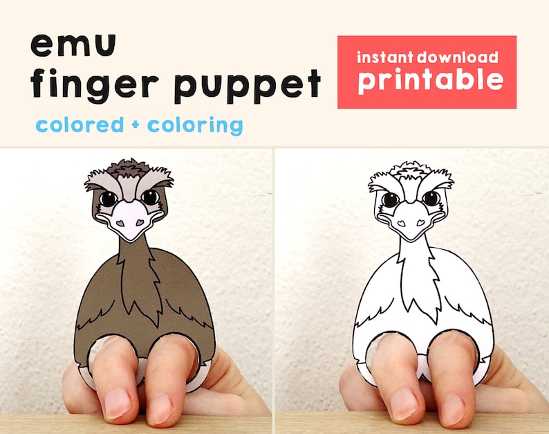 Op de afbeelding: Printbare Emu-vingerspop. De afbeelding toont twee versies van de pop, een in bruin gekleurd en de andere in zwart-wit om in te kleuren. De pop is ontworpen om op twee vingers te passen.