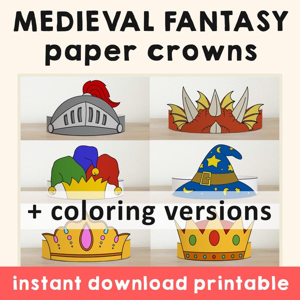 Medieval Fantasy Paper Crown Coloring Headband Knight Dragon Princess Party Activity Printable Kids Craft Costume Favor Instant Download