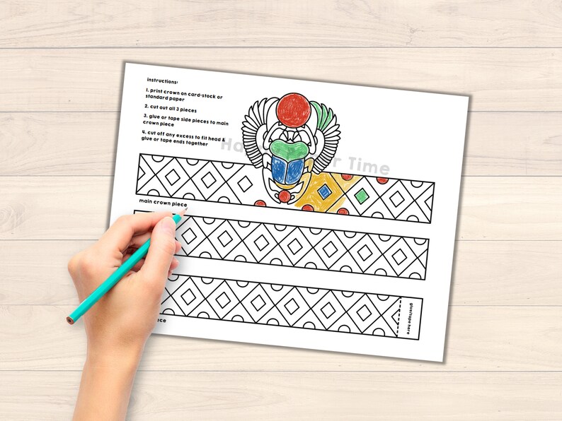 Ancient Egypt Scarab Paper Crown Princess template Party Coloring Printable Kids Craft Birthday Favor pdf favor DIY - Instant Download image 4