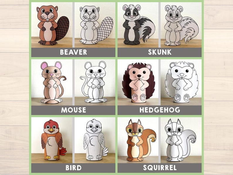 Forest Animals Toilet Paper Roll Craft Forest Party Coloring Printable Decoration Kids Wild Play Cut out Glue DIY - Instant Download image 2