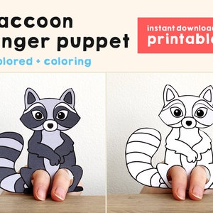 Raccoon paper craft printable woodland animal Finger Puppet Kids Craft Forest Birthday Party Kids Coloring Puppet Printable Instant Download