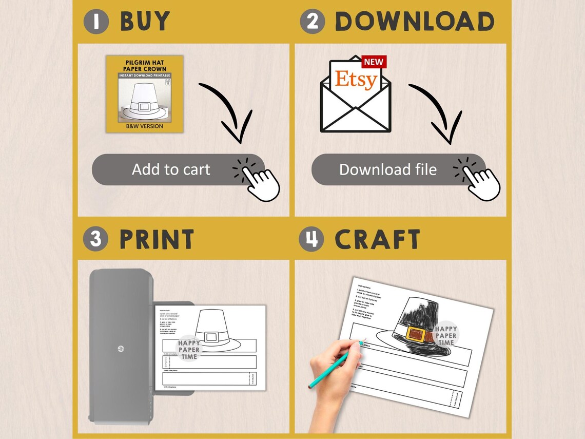 Pilgrim Hat Paper Headband Crown Thanksgiving Settler Party Coloring ...