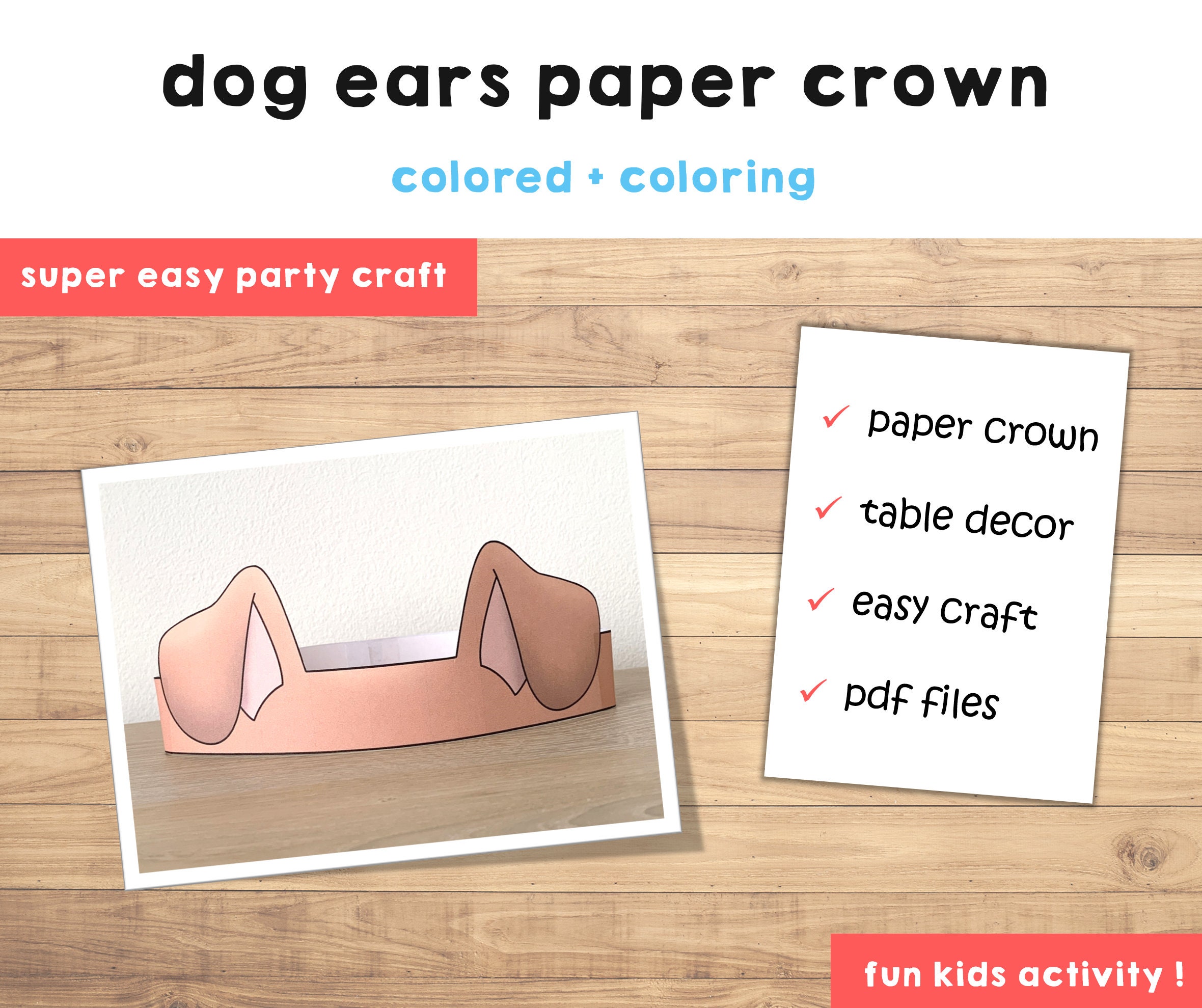 Dog Ears Paper Crown Party Coloring Printable Kids Craft Puppy | Etsy