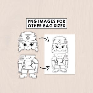 K&ouml;nnte beinhalten: Schwarz-Wei&szlig;-Cartoon-Krankenschwester-Bilder mit Krankenschwesterm&uuml;tze, Gesicht und Uniform. Der Text "PNG IMAGES FOR OTHER BAG SIZES" steht oben. Die Worte "HAPPY PAPER TIME" stehen auf den Bildern.