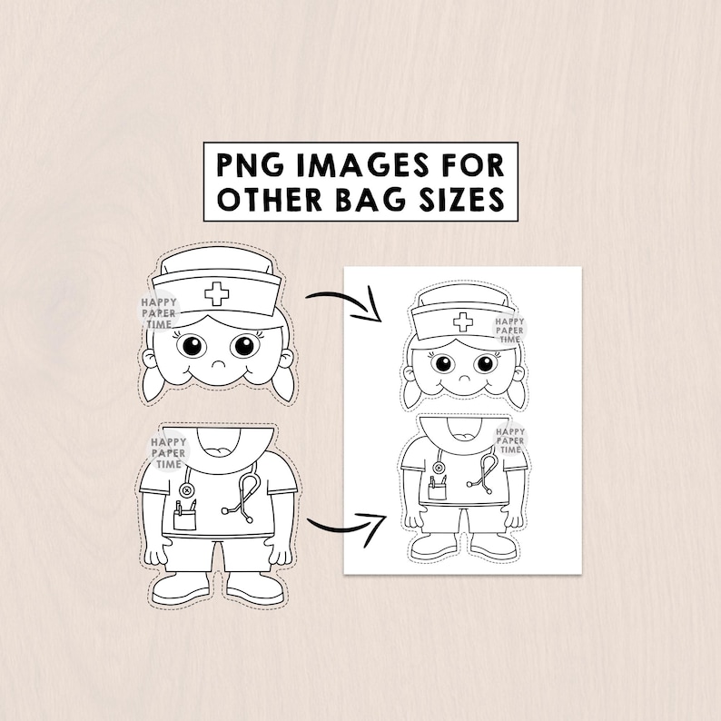 K&ouml;nnte beinhalten: Schwarz-Wei&szlig;-Cartoon-Krankenschwester-Bilder mit Krankenschwesterm&uuml;tze, Gesicht und Uniform. Der Text "PNG IMAGES FOR OTHER BAG SIZES" steht oben. Die Worte "HAPPY PAPER TIME" stehen auf den Bildern.