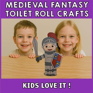 Pode incluir: Duas crian&ccedil;as, um menino e uma menina, est&atilde;o sorrindo e olhando para a c&acirc;mera. Eles est&atilde;o segurando um artesanato de rolo de papel higi&ecirc;nico de um cavaleiro com armadura, espada e escudo. O artesanato &eacute; feito com um rolo de papel higi&ecirc;nico, papel e marcadores. O texto "KIDS LOVE IT!" est&aacute; escrito em letras roxas em um fundo roxo.