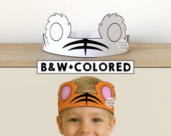 Tiger ears Paper Crown Headband Party Activity Coloring Printable Kids Craft safari jungle cat Costume Birthday Favor DIY - Instant Download