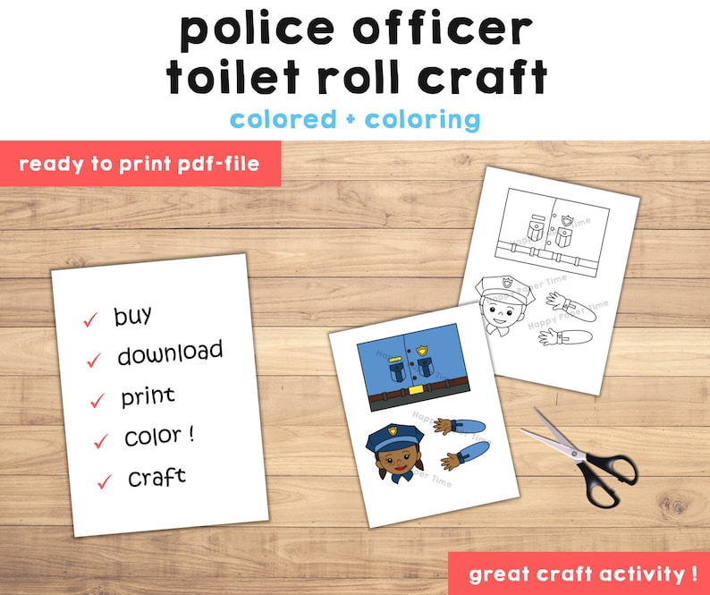 May include: Printable craft activity for children featuring a police officer. The printable includes a black and white outline of a police officer to colour and cut out. The printable also includes a coloured version of the police officer. The printable is ready to print and includes instructions to buy, download, print, colour, and craft.