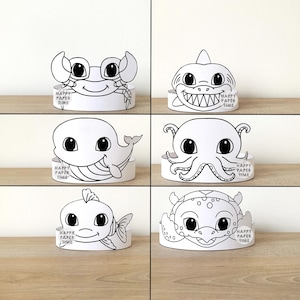 Ocean animals Paper Crowns Shark Fish Octopus Whale Sea Turtle Crab Printable Kids Craft Birthday Party Favor Costume DIY Printable Download