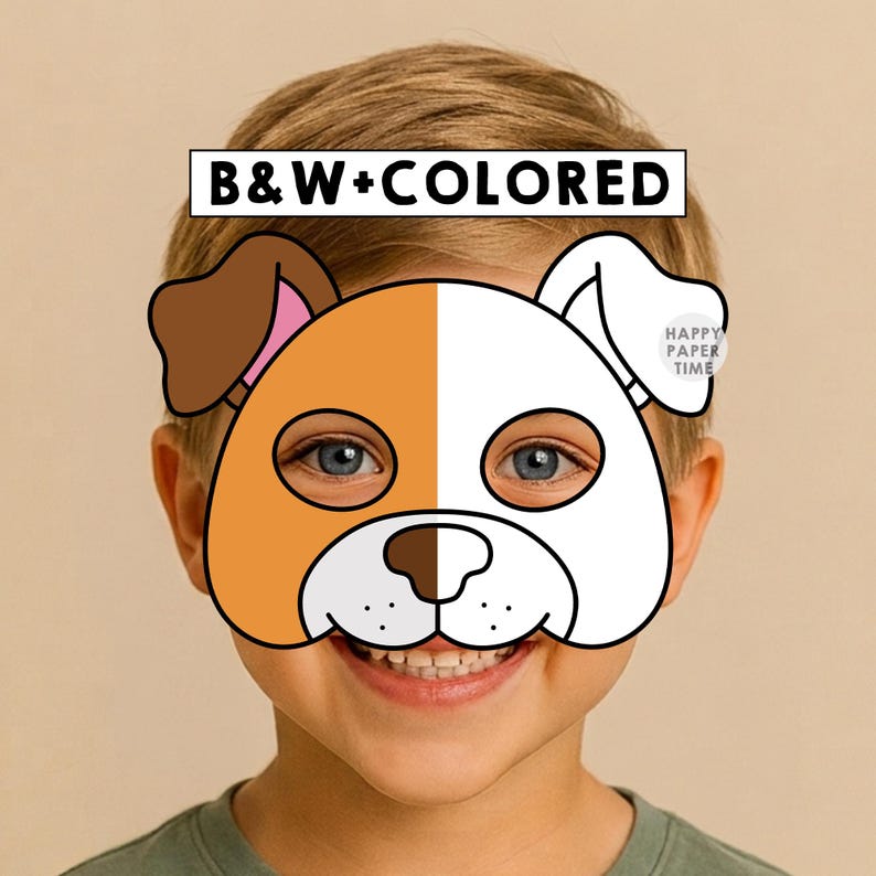 Dog paper mask costume pet animal coloring craft activity party favor animal printable mask - Instant Download PDF image 1