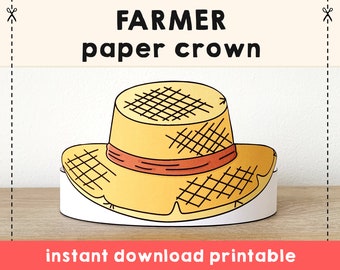 Farmer straw hat gardener Paper Crown Party Printable Kids Craft Community Costume Birthday Printable Favor DIY Template - Instant Download